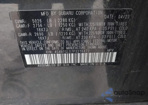 2023 Subaru Outback Onyx Edition Xt из США, поврежденный, VIN 4S4BTGLD7P3216472